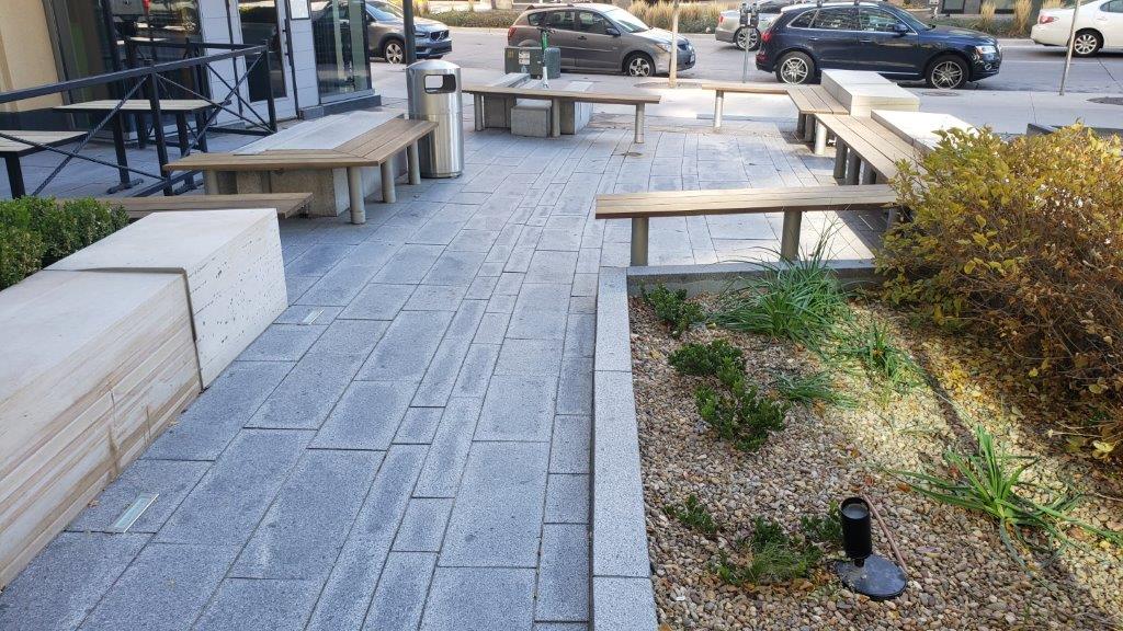 Project in Denver consists of several balconies with Pedestal Pavers by Hanover. Main entry consists of Cold Springs Granite and modular Colorado Buff Flagstone On the 16th Street mall the sidewalk consists of 5’x5’ Colorado Rose flagstone, mosaic flagstone and 5’x5’ Granite slabs.